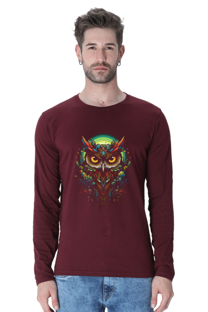 The unique print of an illuminated owl adds a trendy touch to your wardrobe. Available in Black, Maroon, Bottle Green, Navy Blue, and Royal Blue, in sizes S, M, L, XL, XXL, and 3XL. Stand out from the crowd with this eye-catching tee that is perfect for casual outings or lounging at home.