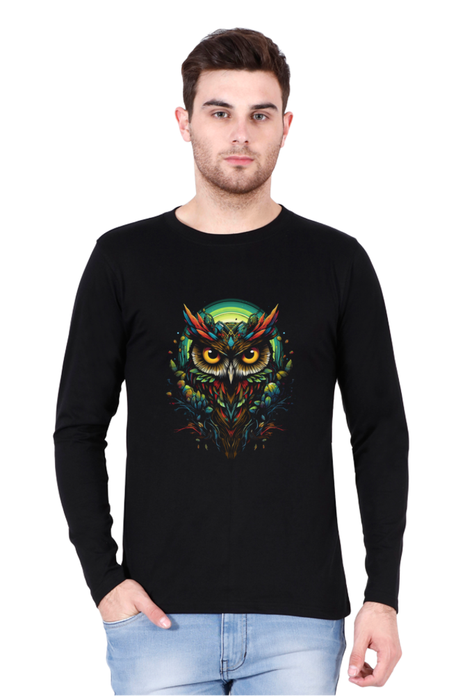 The unique print of an illuminated owl adds a trendy touch to your wardrobe. Available in Black, Maroon, Bottle Green, Navy Blue, and Royal Blue, in sizes S, M, L, XL, XXL, and 3XL. Stand out from the crowd with this eye-catching tee that is perfect for casual outings or lounging at home.