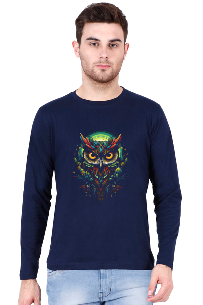 The unique print of an illuminated owl adds a trendy touch to your wardrobe. Available in Black, Maroon, Bottle Green, Navy Blue, and Royal Blue, in sizes S, M, L, XL, XXL, and 3XL. Stand out from the crowd with this eye-catching tee that is perfect for casual outings or lounging at home.