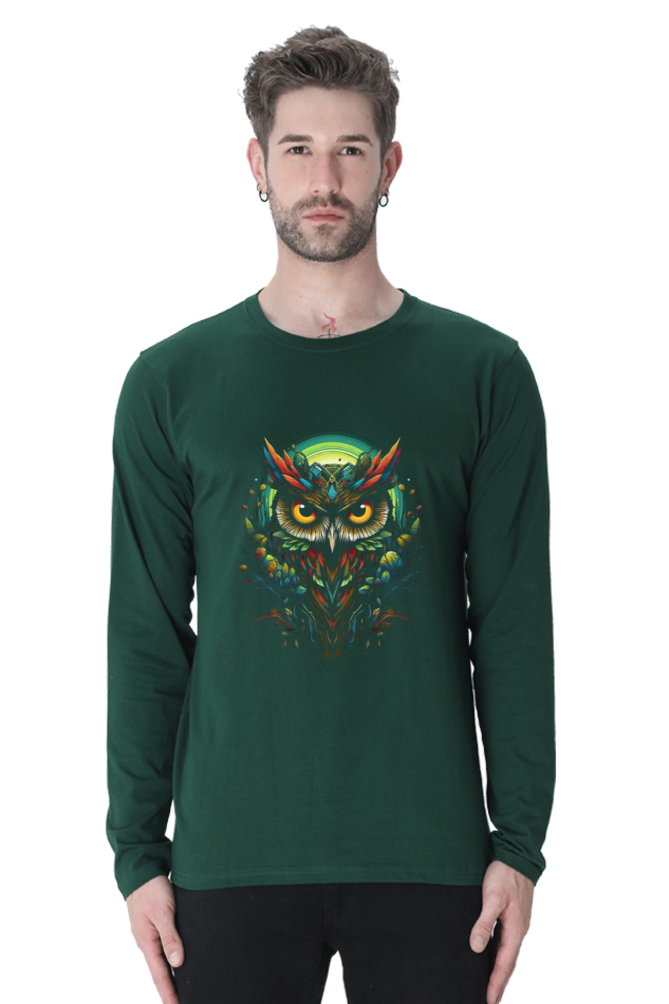 The unique print of an illuminated owl adds a trendy touch to your wardrobe. Available in Black, Maroon, Bottle Green, Navy Blue, and Royal Blue, in sizes S, M, L, XL, XXL, and 3XL. Stand out from the crowd with this eye-catching tee that is perfect for casual outings or lounging at home.