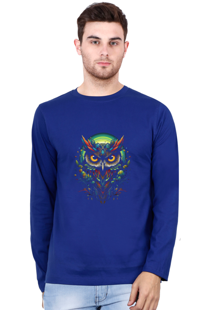 The unique print of an illuminated owl adds a trendy touch to your wardrobe. Available in Black, Maroon, Bottle Green, Navy Blue, and Royal Blue, in sizes S, M, L, XL, XXL, and 3XL. Stand out from the crowd with this eye-catching tee that is perfect for casual outings or lounging at home.