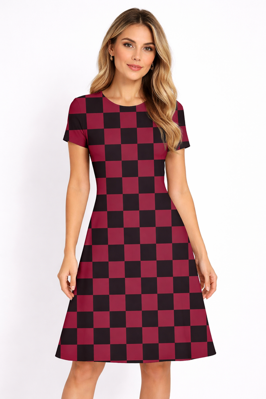 Crimson Check - A line Dress
