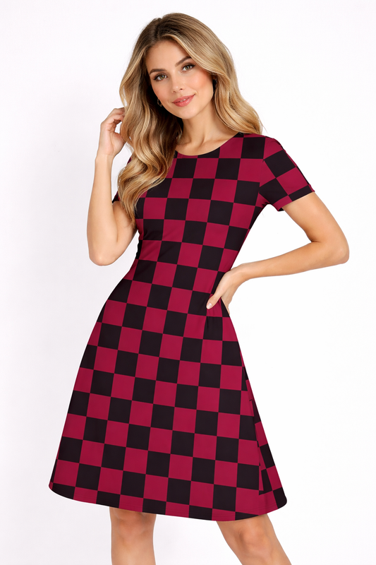 Crimson Check - A line Dress