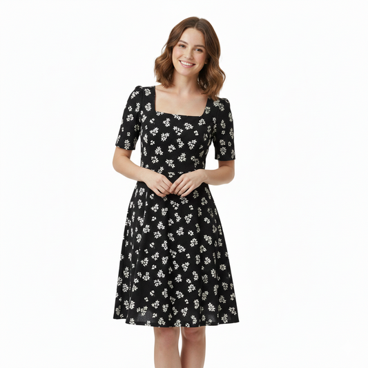 Monochrome Meadow - A line Dress