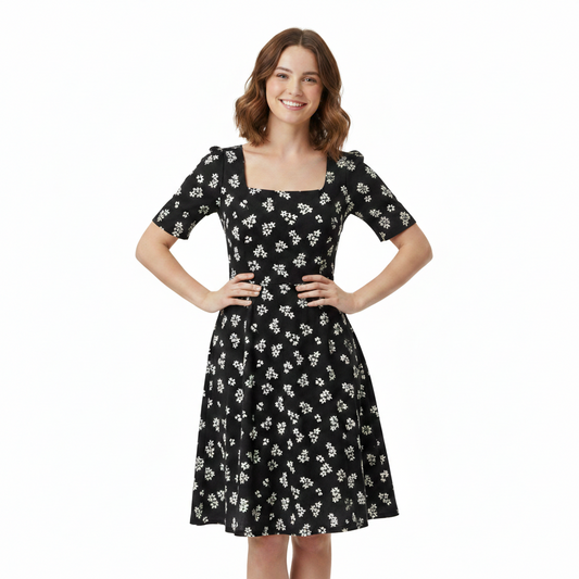 Monochrome Meadow - A line Dress